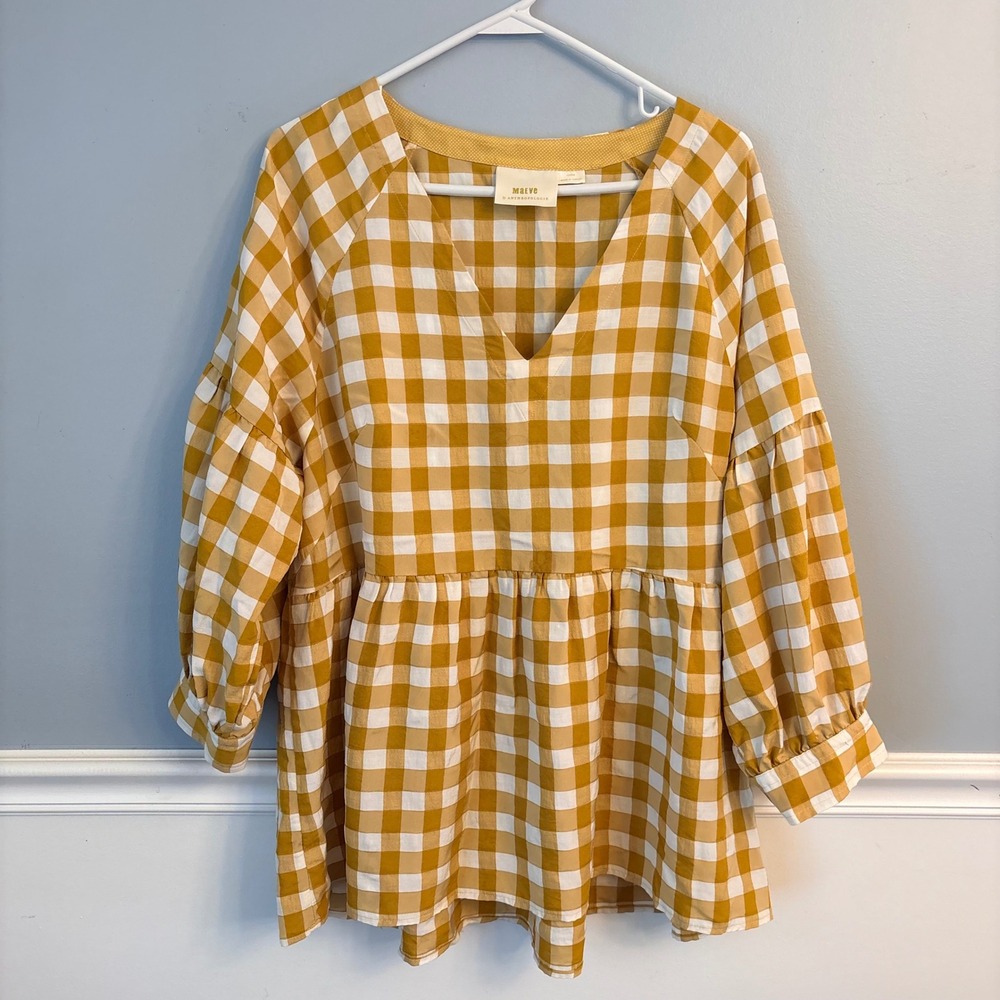 Maeve Anthropologie Mustard Yellow Gingham Babydoll Top Prairie Ruffle Blouse L